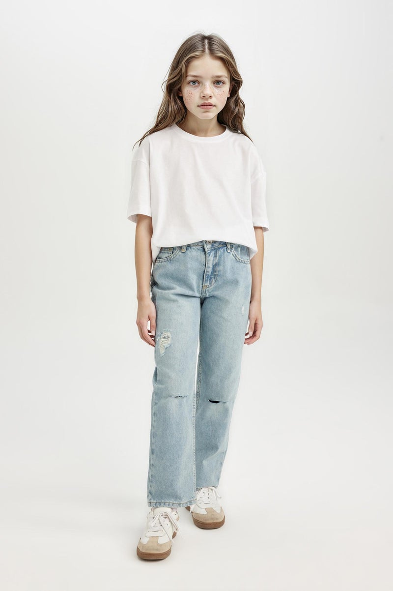 ديفاكتو بنطلون جينز بناتي قصة مستقيمة وتفاصيل ممزقة - Image 1